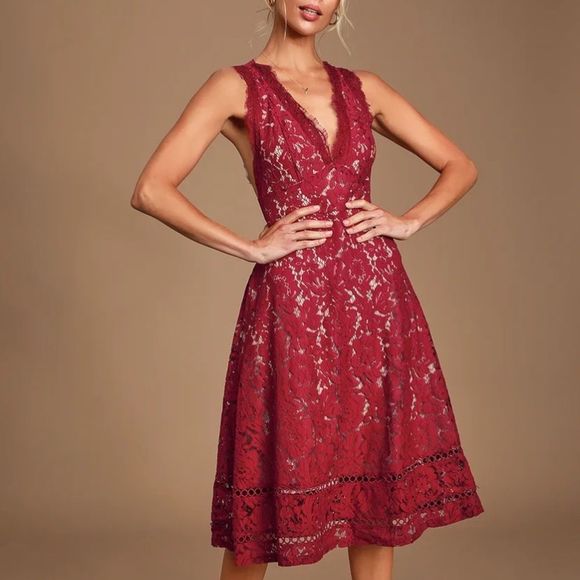 Lulus Dresses & Skirts - Lulu’s Kiss Kiss Burgundy Lace Sleeveless Midi Dress | Size L